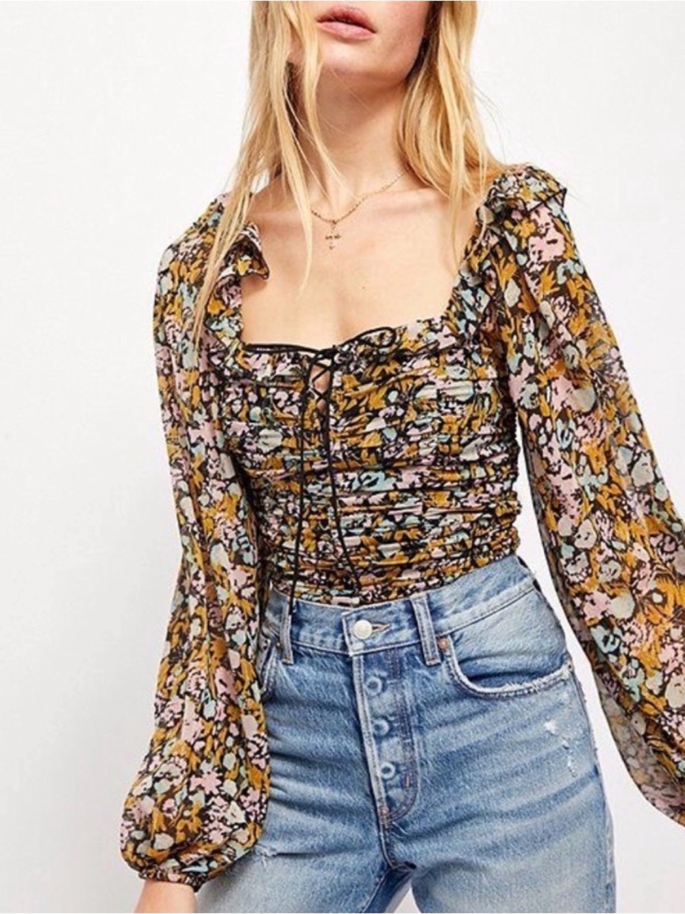 Free People Mabel Printed Blouse Black Multi Floral Ruched Puff Sleeve Medium